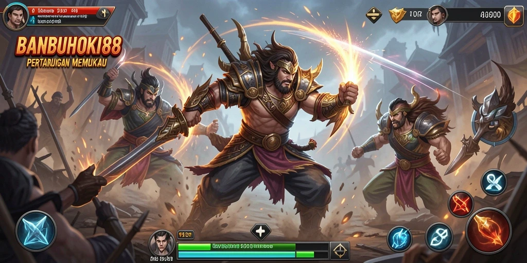 Tangkapan layar gameplay BANBUHOKI88 menampilkan aksi pertarungan yang intens dan grafis menakjubkan.