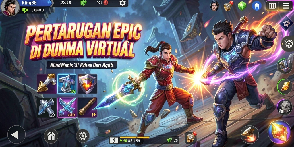 Tangkapan layar KING88 menampilkan pertarungan seru antara karakter dengan efek visual yang memukau.