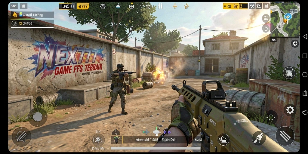Tangkapan layar utama dari gameplay mendebarkan NEX777 dengan aksi tembak-menembak.