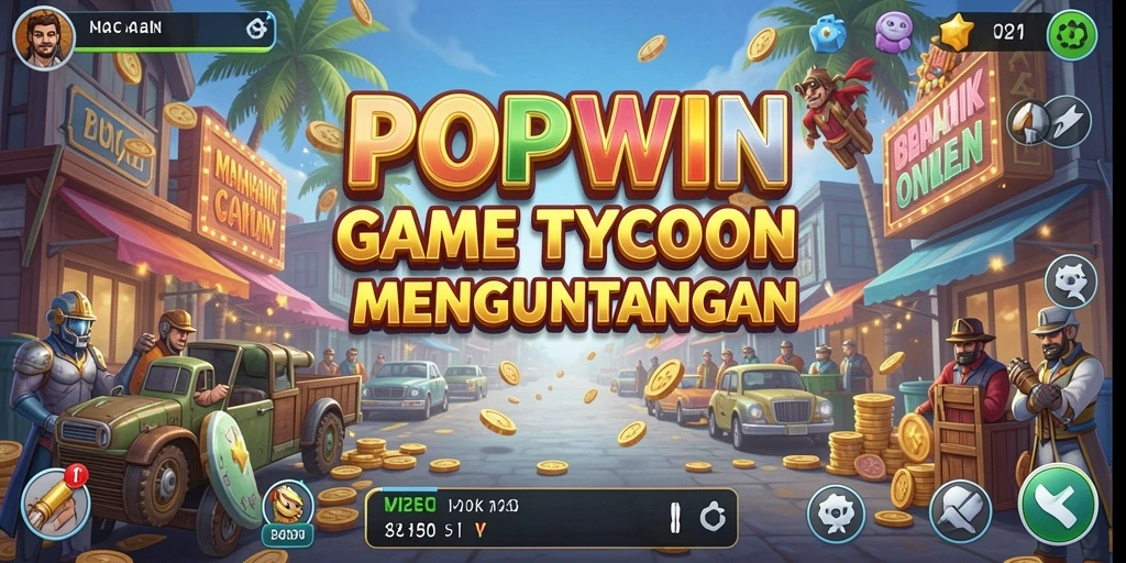 Screenshot utama POPWIN menampilkan gameplay seru dan manajemen bisnis yang menyenangkan.