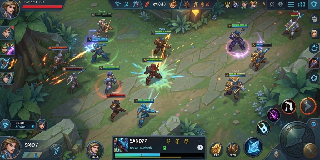 Screenshot SAND77 menampilkan pertempuran epik dalam game MOBA.