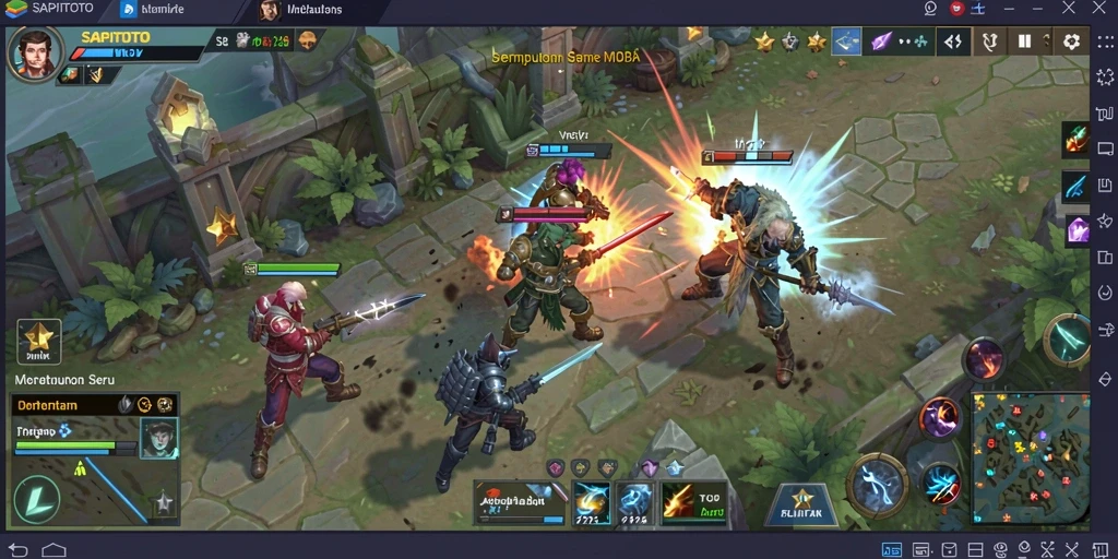 Screenshot SAPITOTO yang menampilkan aksi pertempuran MOBA yang mendebarkan.