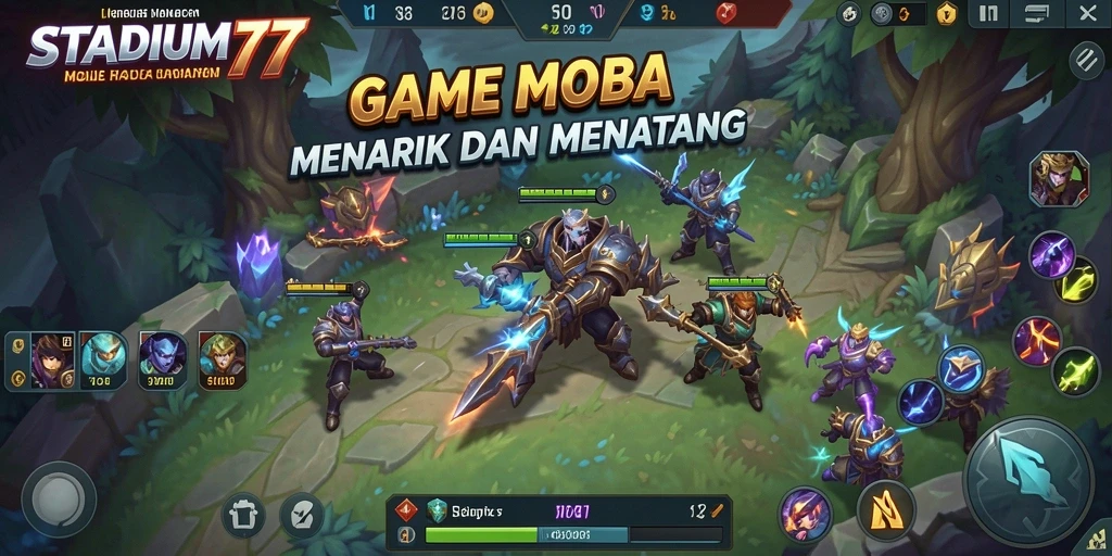 Screenshot STADIUM77 menampilkan aksi pertarungan MOBA yang intens.